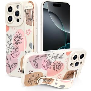 Case for iPhone 16 Pro 6.3 inch Silicone Phone Case with Strap for Women Girls Cute Floral Flowers Design, Adjustable Finger Strap Kickstand Protective Cover, Beige