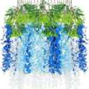 24 Pcs Wisteria Hanging Flowers 3.6 Feet Artificial Fake Wisteria Flower Vine Garland Ratta for Backdrop Wedding Decor Home Party(Blue, White)