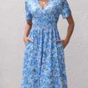 Womens Midi Floral Dress - Short Sleeve Wrap V-Neck Summer Dress with Smocked Waist - A-Line Spring Dress with Pockets (Blue, S)