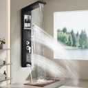 Shower Panel Tower System with Handheld Sprayer, Body Jets and Shelf | Rainfall and waterfall shower tower with tub spout, 5-setting handheld sprayer, body jets, shelf, and independent controls