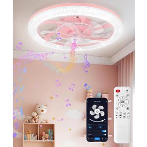 Kids Ceiling Fan with Light, 20” Smart Low Profile Ceiling Fans, Dimmable Flush Mount LED Fan Light with Remote Control, Bluetooth Bladeless Fans with APP, for Bedroom, Pink