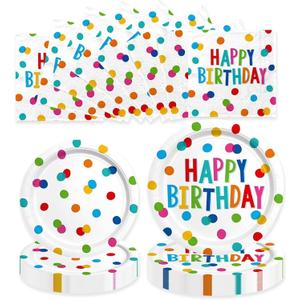 60PCS Happy Birthday Paper Plates and Napkins, Rainbow Dot Party Paper Plates Disposable Birthday Party Decorations Tableware Set for Kids Boys Girls