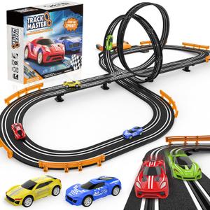 Slot-Car-Race-Track-Sets for Boys Kids, Battery or Electric Race Car Track with 4 High-Speed Slot Cars, Dual Racing Game 2 Hand Controllers Circular Overpass Track, Toys Gifts for 6-8 8-12 Boys Girls (Black)