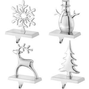 Christmas Stocking Holders for Mantel Set of 4 Reindeer Snowflake Snowman Pine Tree Vintage Metal Standing Stocking Hook Silver Sturdy Stockings Hanger for Fireplace Counter Window Decoration