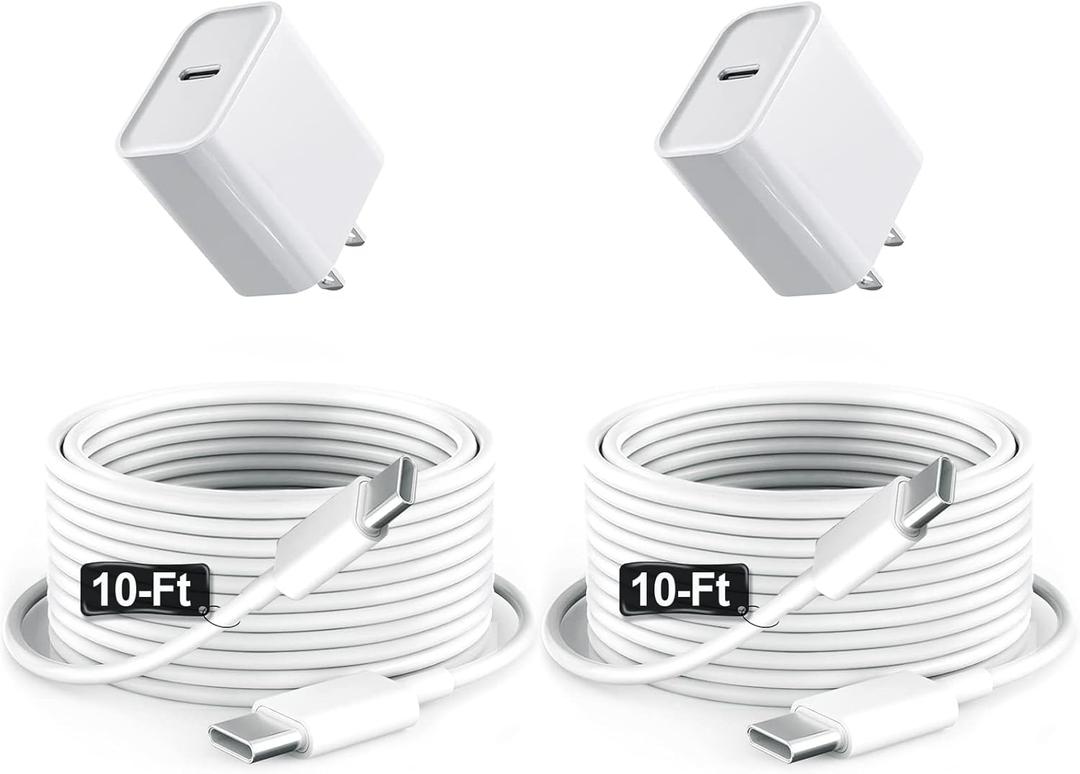 iPad Charger Fast Charging 10ft USB-C Cable & 20W USB-C Charger Block 2-Pack for Apple iPad A16/11th/10th/Pro 13/12.9/11/Air/Mini A17 Pro, iPhone 17/16/15 Series, White