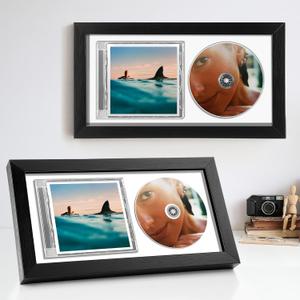 2 Pcs 13.7" x 7.5" CD Frame Display Case with Shatter-Resistant Glass, Double Groove Record Album Frame, Self Standing with Wall Hanger, Imitation Wood Polystyrene, Home Decor (White)