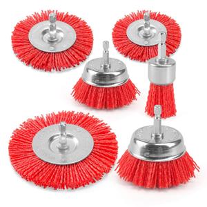 POLIWELL Nylon Abrasive Brush for Drill, 6 Pack Nylon Filament Wire Wheel & Cup Brush Set, 1/4 Inch Hex Shank, 3 and 2.6 Red Coarse Abrasive Bristle Drill Brushes for Paint, Corrosion, Rust Removal