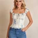 KUTUMAI Floral Lace Corset Top Y2k Square Neck Smocked Bustier Going Out Tie Cute Crop Tops for Women Summer BlueFloral L (Blue, L)
