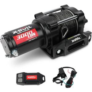 X-BULL New 12V DC 3000LBS IP68 Waterproof Electric Winch for Towing ATV/UTV, Boat, Off Road, Wireless Remote and Corded Control Recovery, Portable Synthetic Rope Electric Winch with Hawse Fairlead.