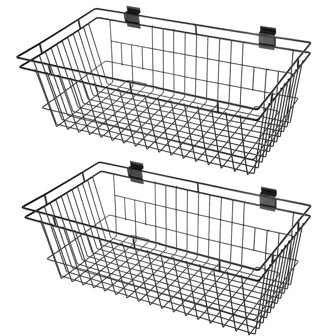 Coume 2 Pcs Large Black Slatwall Basket 23.6 x 11.8 x 7.9 Inch Metal Slatwall Panel Hanging Wire Basket Multifunctional Mounted Hanging Accessories for Kitchen Garage Storage and Home Display