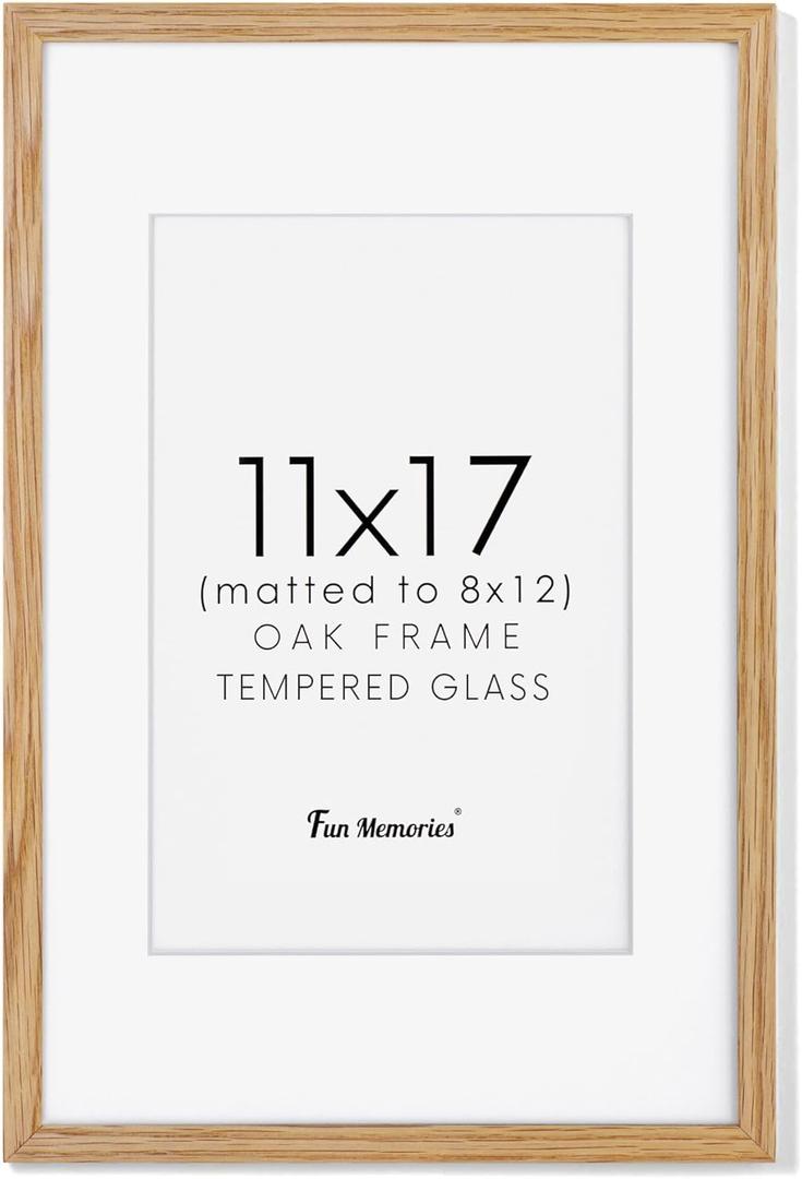 Fun Memories 11x17 Picture Frame, Solid Oak Wood 11"x17" Picture Frames, 11 x 17 Poster Frame for Wall, 11x17 Wood Photo Frame - 8x12 with Mat, Tempered Real Glass (Beige Oak Color, 1 Pack)