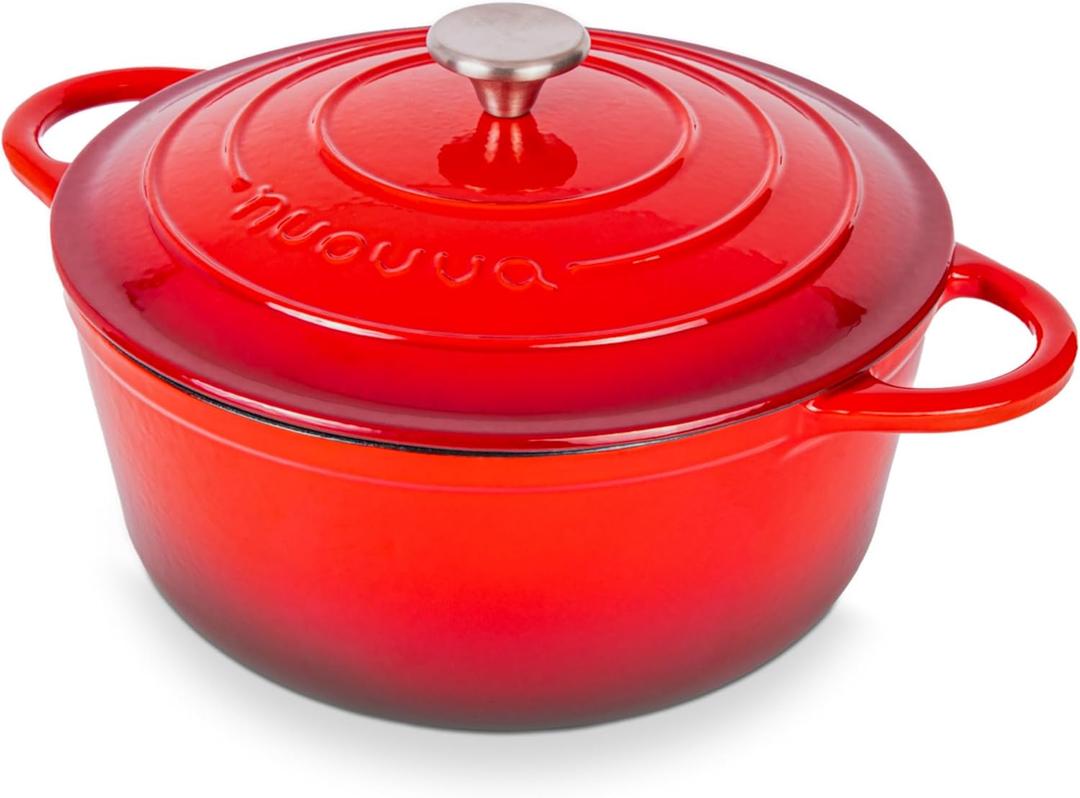 Nuovva Enamelled Cast Iron Dutch Oven Pot with Lid  6.4 Quart Non Stick Casserole Pot  Heavy Duty & Oven Safe up to 500 F for Bread Baking, Braising, Stews, Roasting  28cm Red