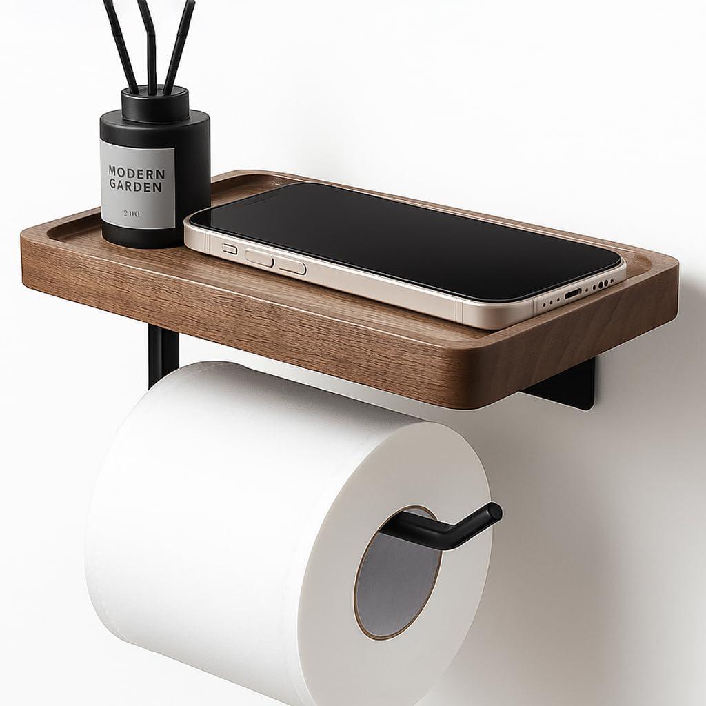 Toilet Paper Holder with Walnut Wood Shelf  Adhesive or Wall Mounted Bathroom Storage Organizer, Rustic Modern Wood and Metal Roll Rack for Small Spaces, RV, Guest Toilet