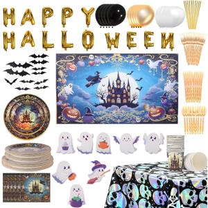 278 Pcs Happy Halloween Tableware Party Supplies Contain Forks Spoons Knives Paper Plates Balloons Tablecloth Ghost Banner Backdrop Bat stickers (Type 1)