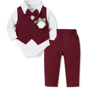 SANMIO Baby Boy Clothes Suits Infant Gentleman Outfit Collared Dress Shirt,Vest,Tie,Corsage,Pants 5Pcs Baby Suit Sets, 0-3 Months Red