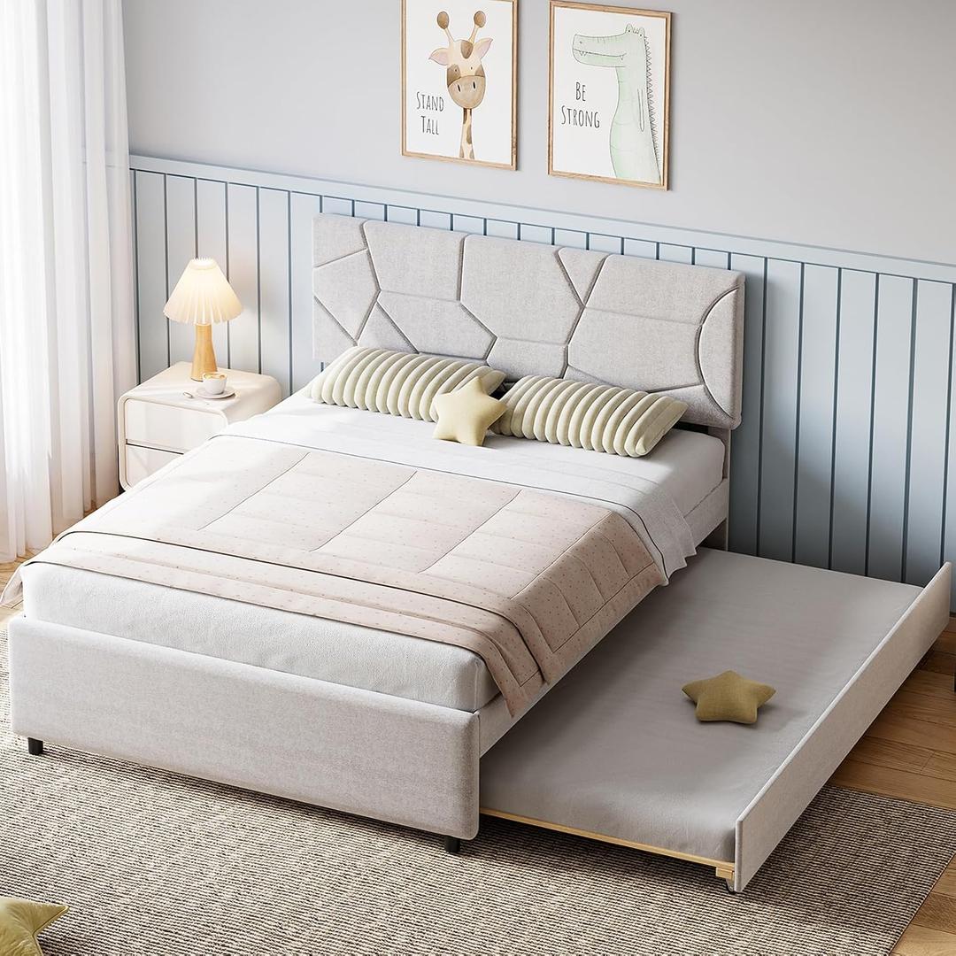 Garvee Queen Size Bed Frame with Trundle, Upholstered Platform Bed Frame with Headboard, Trundle Bed Twin, Wood Slat Support, for Bedroom, Living Room, Guest Room | Trundle Bed Twin, Bed Frame with Headboard, Wood Slat Support, for Bedroom, Living Room, Guest Room