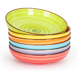 KitchenTour Pasta Bowls, Ceramic Salad Bowls Serving Bowl Set 26 oz, 8 Inch Colorful Porcelain Wide and Shallow Bowls Set - Dishwasher and Microwave Safe - Set of 6