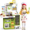 Kids Kitchen Playset, 68 PCS Toddler Kitchen Playset for Toddlers 1-3 3-5, 32.2IN Play Kitchen with Spraying, Light & Sound, Cooking Stove, Play Sink, Oven and Toy Kitchen Accessories (Green)