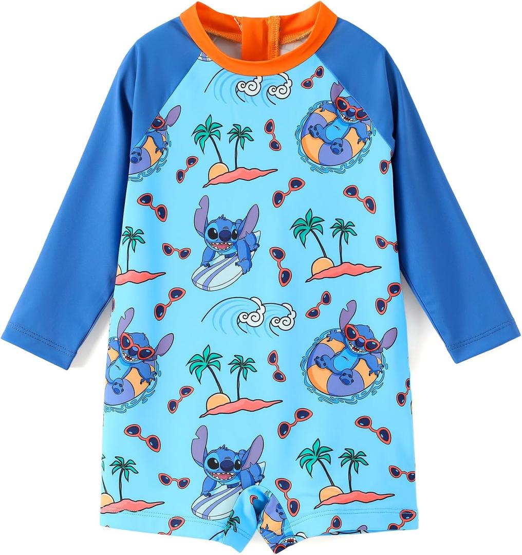 Disney Marvel Stitch Cars Spiderman Mickey Mouse Baby Boy Swimsuit Infant Toddler Bathing Suit UPF 50+ Zipper Long Sleeves (Blue)
