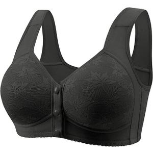 Daisy Lace Bras for Women Front Closure No Underwire Comfort Senior Wireless Snap Closing Bra Black 38D