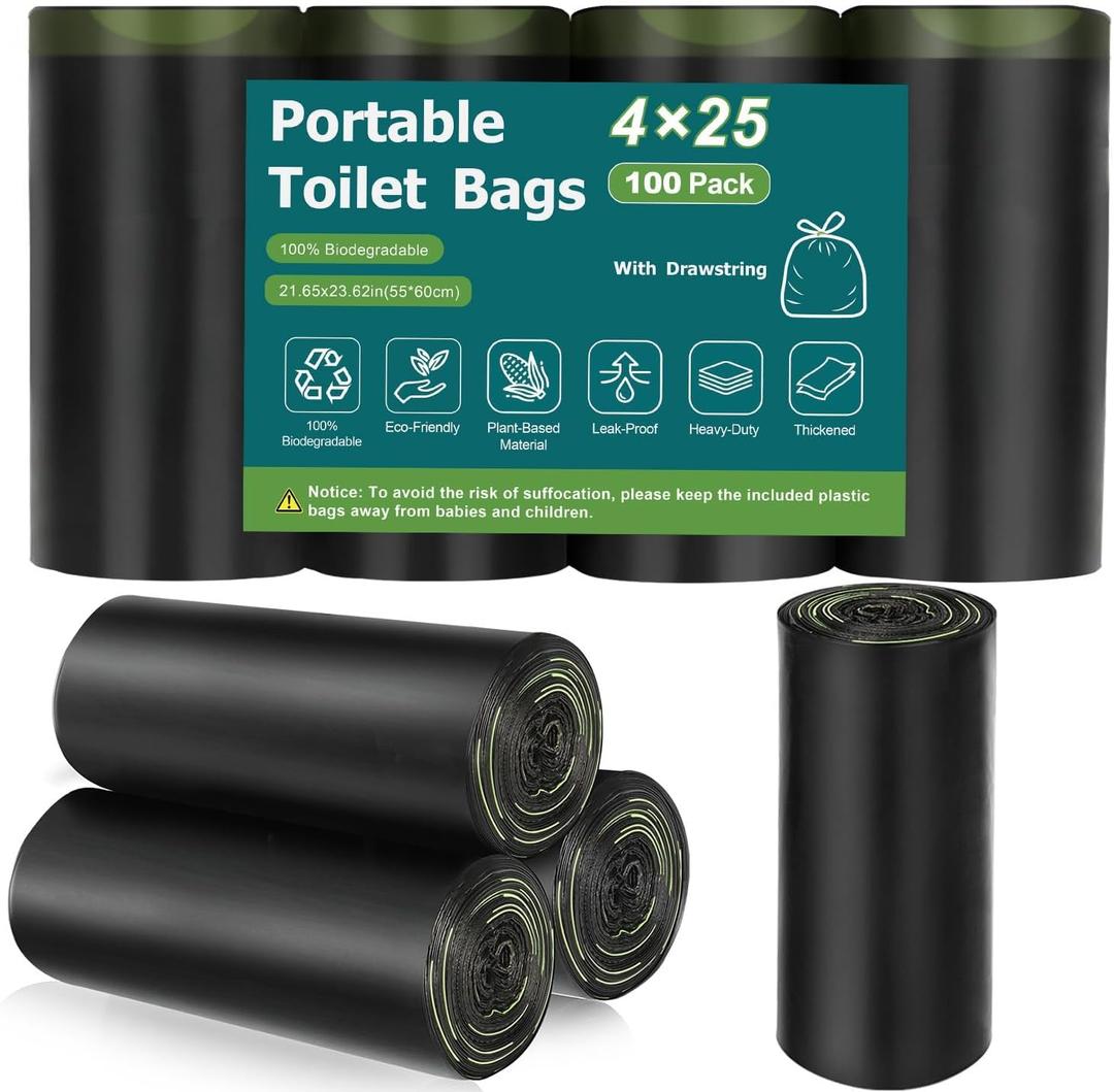 100 Portable Toilet Bags, Biodegradable with Drawstring & Lemon Scent, for 5-8 Gallon Bucket Seat for Outdoor Camping Car Travel