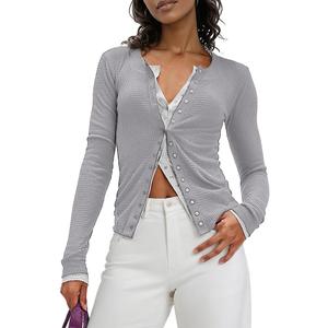 Sweetmoon Button Up Cardigan Sweaters for Women Lightweight Waffle Knit Long Sleeve Going Out Tops Slim Fitted Cardigan Y2k (Gray, L)
