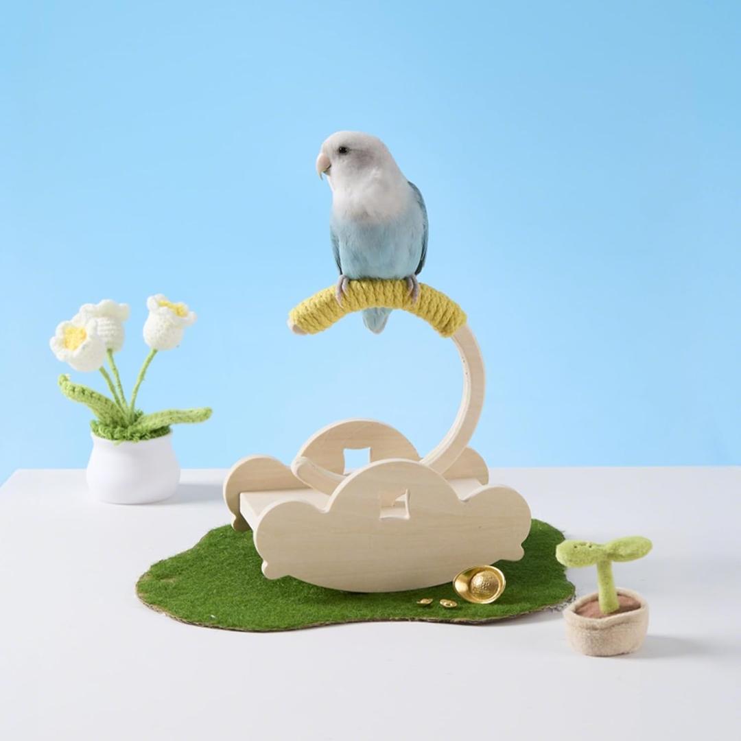 Wooden Bird Perch Stand Rocker with Cotton Rope - Enrichment Interactive Spinning Swing Perch for Cockatiels Conures Lovebirds Parrotlets Budgies - Yellow