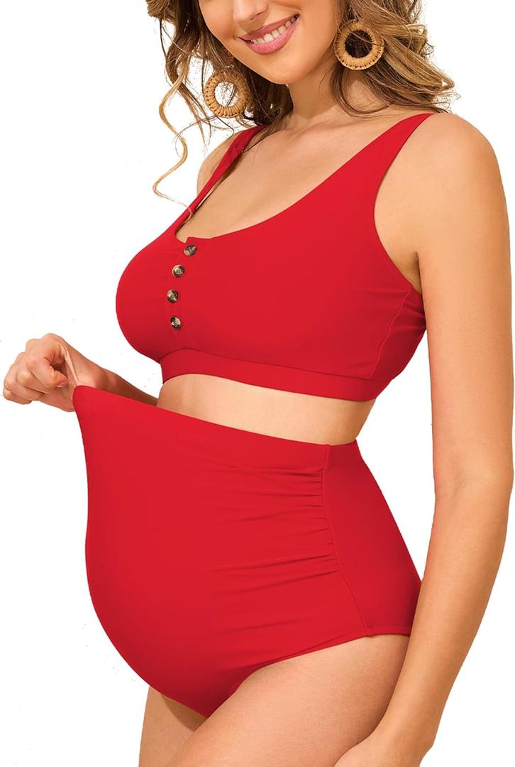 Zando Maternity Swimsuit High Waisted Bikini Set Button Down Maternity Bathing Suit 2 Piece Swimsuit for Women (Large, Red)