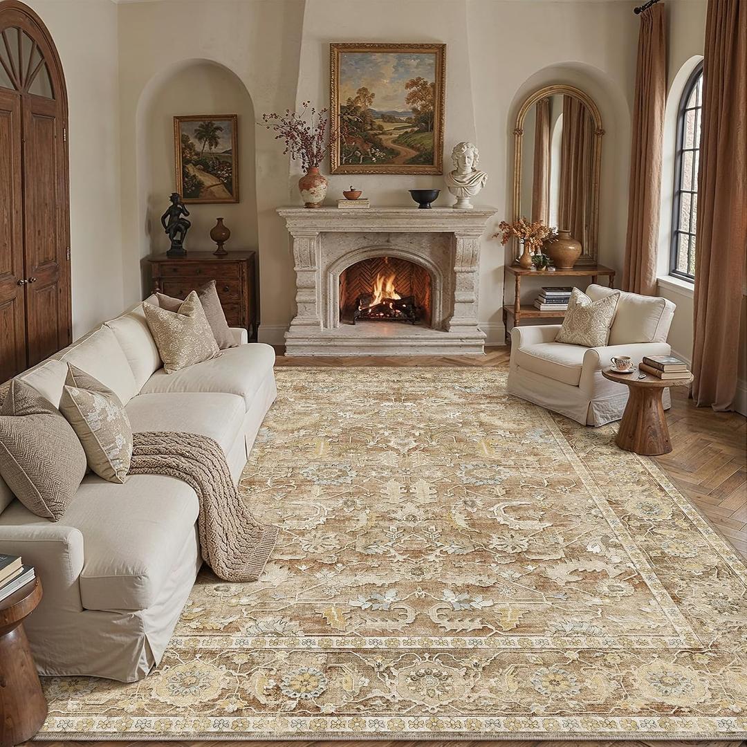 9x12 Area Rug for Living Room, Washable Non Slip Vintage Distressed Large Rugs,Low Pile Ultra-Thin Indoor Carpet for Bedroom Dining Home Decor Office Beige Brown