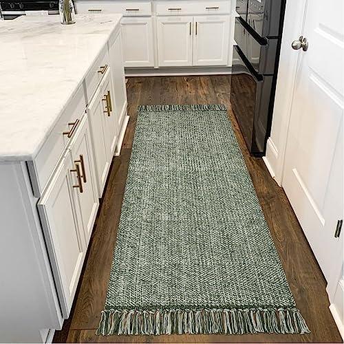 Hallway Runner Rug, 2' x 6' Hand-Woven Reversible Washable Entryway Rug, Olive Green/Cream Cotton Modern Farmhouse Laundry Room Rug Long Carpet for Bathroom Sink Foyer Bedroom