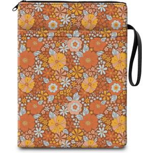 Book Sleeve for Book Lovers Gifts, Cute Book Pouch Book Protector with Zipper and Front Pocket BookCover Case for Women Men Reader Book Accessories Orange Boho Flowers