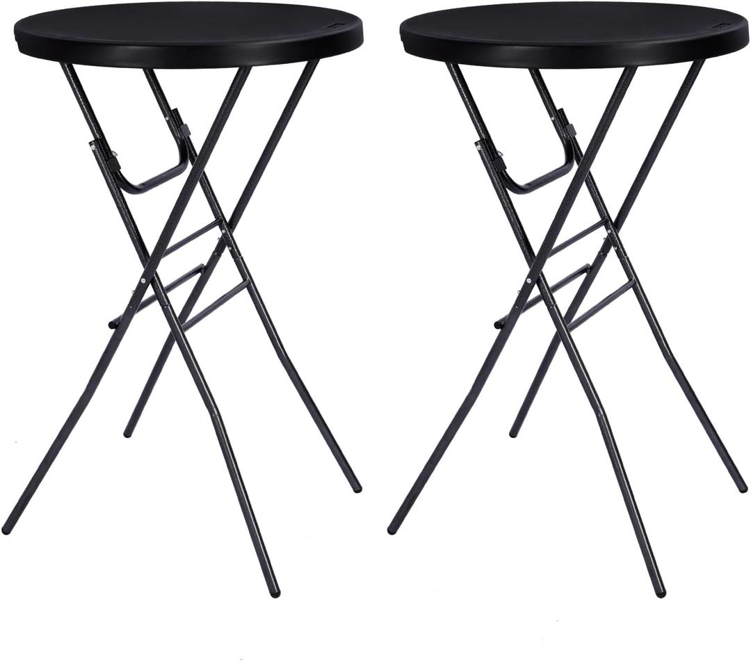 Cocktail Table 28in Folding Round High Top Indoor Outdoor with Removable Legs, Tall Bistro Foldable Bar Height Table for Parties, Patio, Backyard, Dining Room, Events, Black- 2PCS