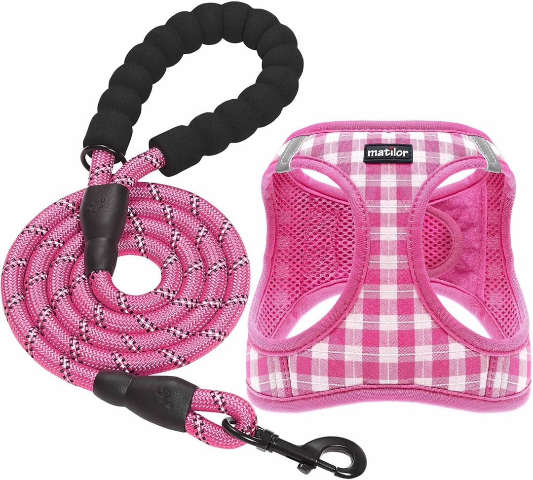 Dog Harness Step-in Breathable Puppy Cat Dog Vest Harnesses for Small Medium Dogs Pink Checkered (L (Chest 17''-20'', Weight 14-19 lb))