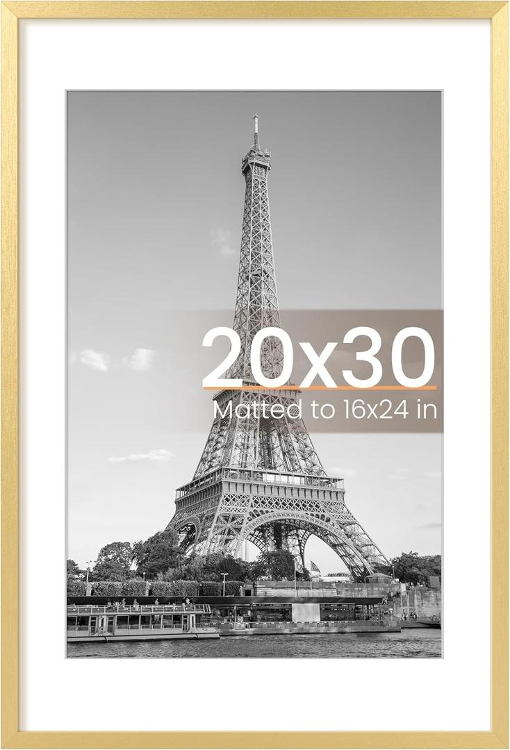 Upsimples 20x30 Poster Frame, Display Pictures 16x24 with Mat or 20x30 Without Mat, Wall Hanging Picture Frame, Gold, 1 Pack