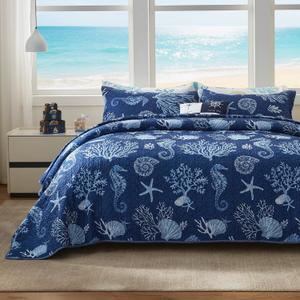 LEAONME Coastal Quilt Set Full/Queen Size - Lightweight Microfiber Reversible Bedspread, 90''x98'', Navy, Includes 2 Shams