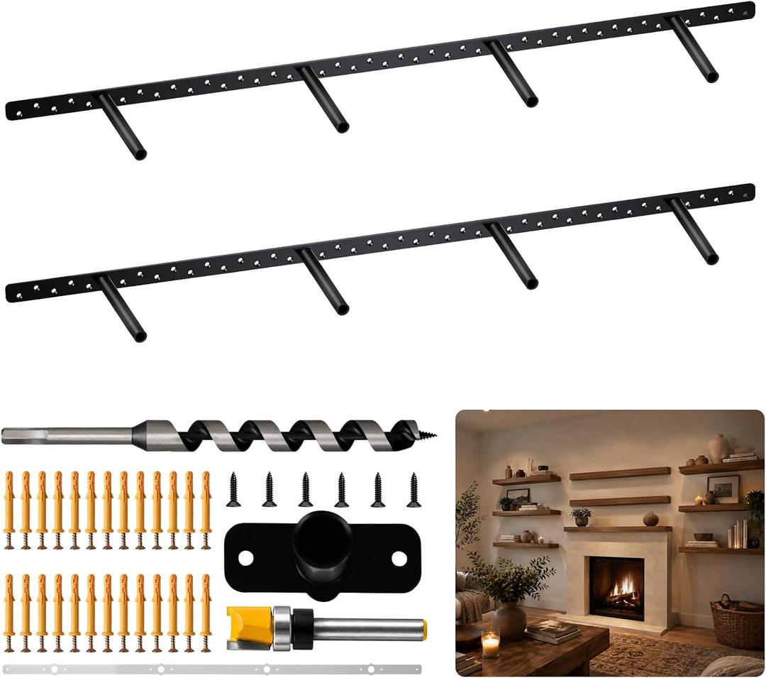 2pcs Heavy Duty Floating Shelf Brackets,43"x8"x1.0" Hidden Black Metal Fireplace Mantel Brackets，Invisible Floating Shelf Hardware for Heavy Duty Books and Wooden Shelves, Including Installation Kit