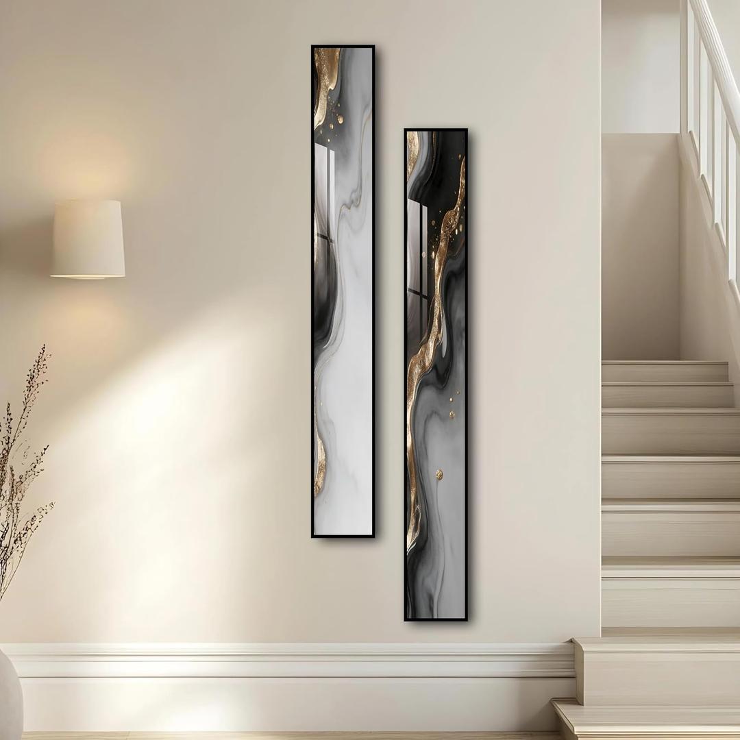 Framed Long Narrow Abstract Vertical Wall Art, Gray and Gold, Set of 2, 56"L x 8"W