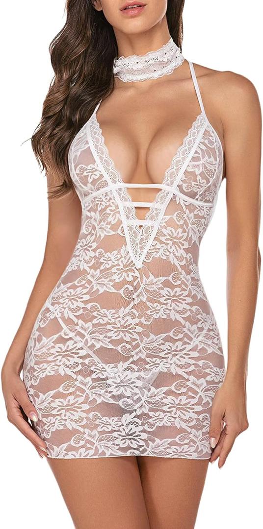 Avidlove Women Babydoll Lingerie Lace Chemise Halter Nightwear Teddy Dress (Medium, White)