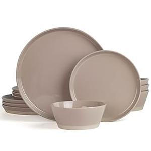 Famiware Saturn 16 Pieces Plates and Double Bowls Sets for 4, Stoneware Dinnerware Set with Pasta Bowl, Dish Set with Trim - Chip & Scratch Resistant, Microwave & Dishwasher Safe, Dark Gray