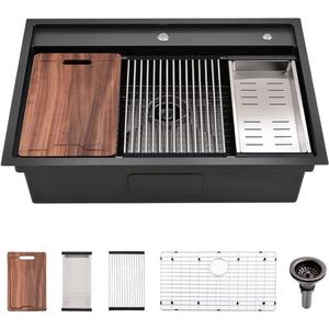 30 Inch Black Drop In Kitchen Sink Splash Guard Workstation - VOKIM 30 Inch Drop In sink Single Bowl 16 Gauge Stainless Steel 10'' Deep Handmade Kitchen Sink with Cutting Board& Strainer (30"L x 22"W x 10"D, Black Splash Guard)