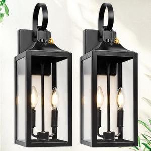 Black Dusk to Dawn Outdoor Wall Lantern 2-Light, 19" Large Modern Outdoor Wall Lights, Industrial Porch Lights Wall Mount with Tempered Glass, Waterproof Farmhouse Exterior Lighting Fixtures, 2 Packs