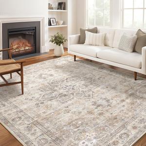 Area Rug for Living Room - 10X12 Soft Washable Vintage Floral Distressed Large Carpet - Fade Stain Resistant Non Slip Rugs for Bedroom Dining Room Nursery Dorm Office Home Decor - Camel