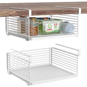 Under Shelf Storage Basket, Hanging Wire Basket with 1.13 Inches Thick Clips for Kitchen, Pantry or Laundry Room, Under Cabinet or Desk Storage Organizer, White, 2 Pack