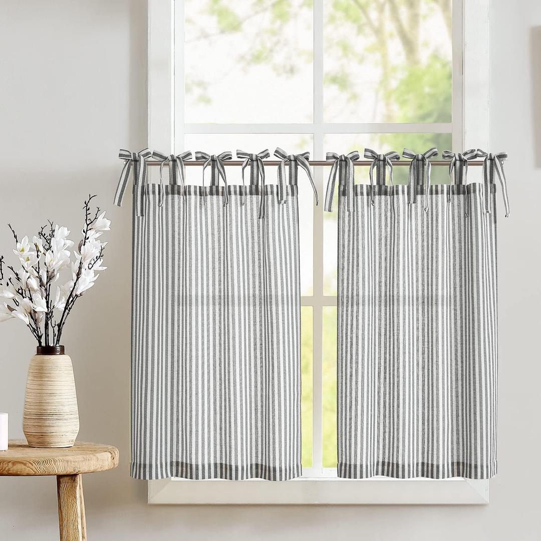 JINCHAN Tie Top Linen Kitchen Curtains 24 Inch Striped Tier Curtains Farmhouse Modern Cafe Style Small Window Treatments Airy Light Filtering Rod Pocket for Living Room Bathroom 2 Panels, Charcoal Grey