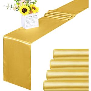 Aneco 4 Pack Satin Table Runner 12 x 108 Inch Golden Long Bright Silk and Smooth Fabric Party Table Runner for Wedding Banquet Party Decoration