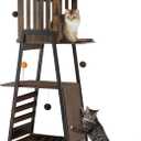 FourFurPets Modern Cat Tree, 58-Inch Cat Tower for Large Cats, Maine Coon Cat Tree with Scratching Board, Large Perch, Hammock and Removable Pads, Rustic Brown
