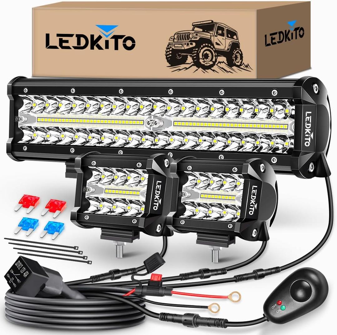 12 inch LED Light Bar And 2PCS 4 Inch LED Pods With Switch 3 Lead Off Road Wiring Harness Kit Triple Row Spot Flood Combo Light Bar Pods Kit for Off road UTV ATV Trucks Boat