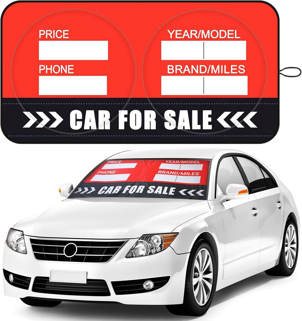 for Sale Sign for Vehicle Windshield Sun Shade Quickly Sell Your Car or Truck Foldable Car Front Window Sunshade for Sun Visor Easily Seen Info on Dual Purpose (64.17 x 31.89 Inches,Stylish)