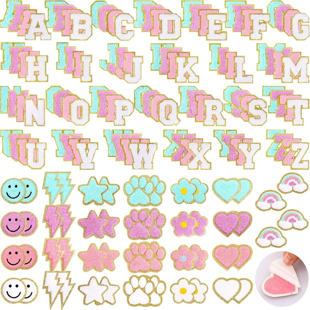 Yilloog 156 Pcs Glitter Self Adhesive Letters Chenille Clothing Patches Embroidered Repair Fuzzy Patches Alphabet Gold Trimmed Preppy Clothing Badges Sewing Appliques (Pastel Classic)