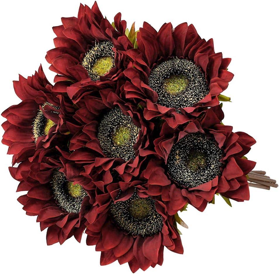 Laelfe 7PCS Artificial Sunflowers Flowers Silk Fall Sunflower Vintage Burgundy Sunflowers Decorations for Home Wedding Party Bulk Dark Center Single